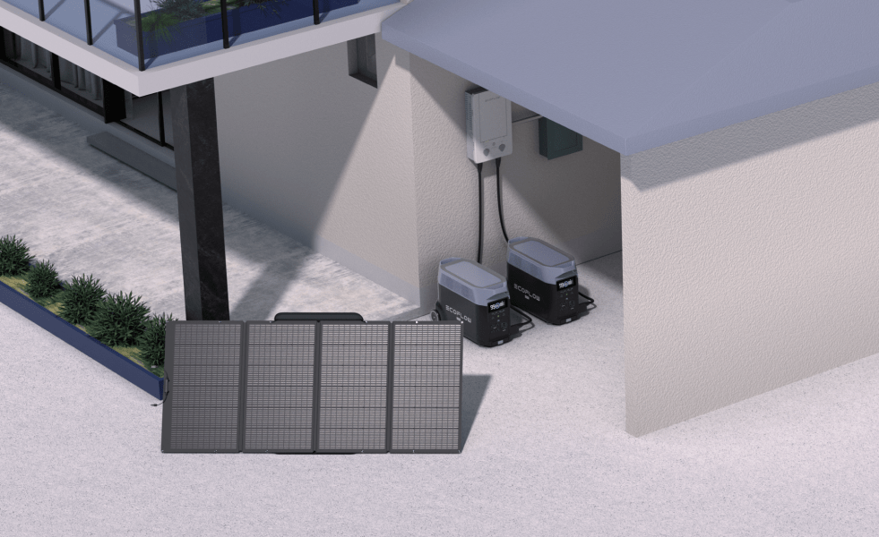 A two-story home with whole-house generator setup, including 2 × DELTA Pro units, Smart Home Panel, and solar panel.