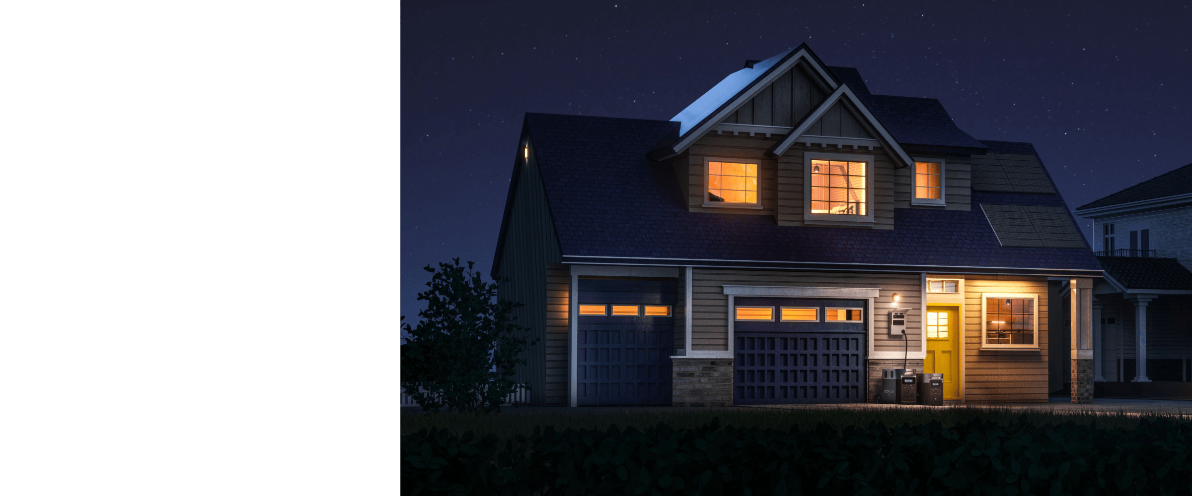Whole-house generator setup, including 2 × DELTA Pro and transfer switch powering an entire two-story family home.
