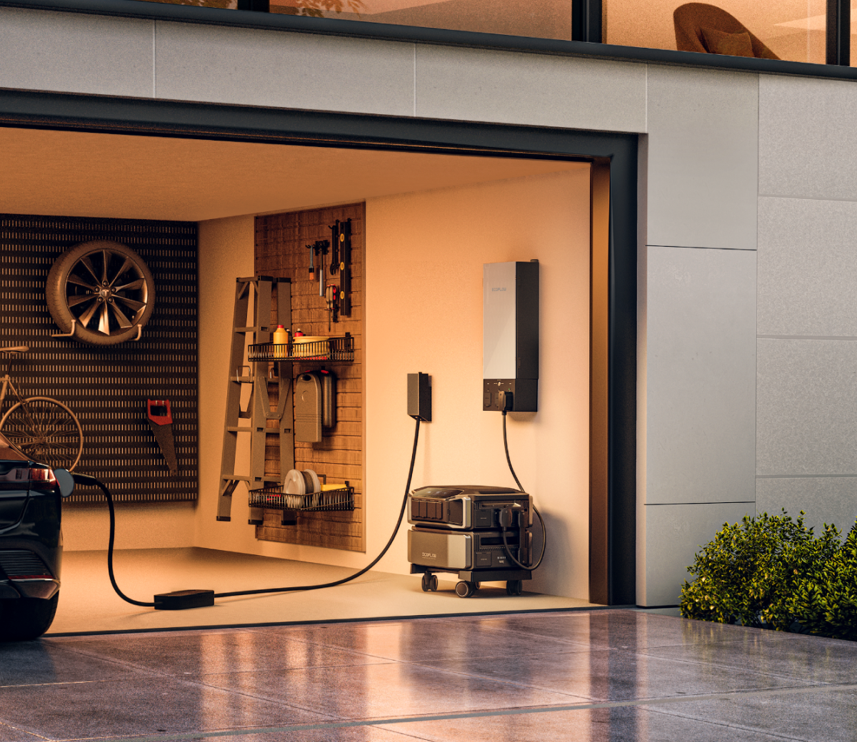 EcoFlow DELTA Pro Ultra home generator is plugged into a garage-wall-mounted Smart Home Panel 2, while a vehicle is connected to an EV charger.