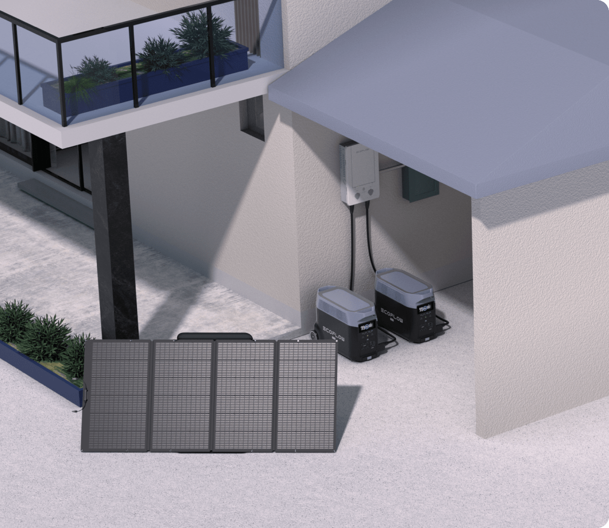 A two-story home with whole-house generator setup, including 2 × DELTA Pro units, Smart Home Panel, and solar panel.