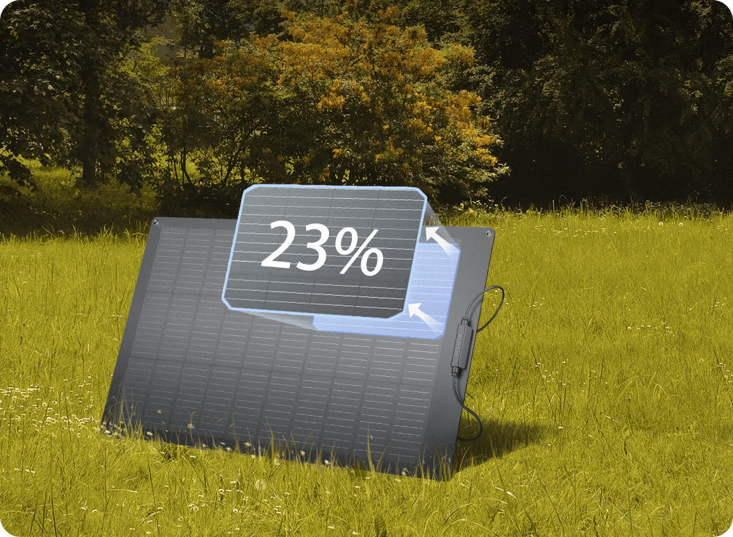 An EcoFlow solar panel boasting an industry-leading 23% efficiency is set up in a meadow under abundant direct sunlight.