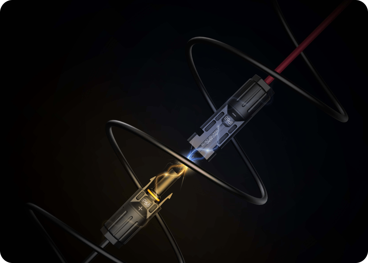 Two plug-and-play MC4 connectors are in a linear position, ready to connect.