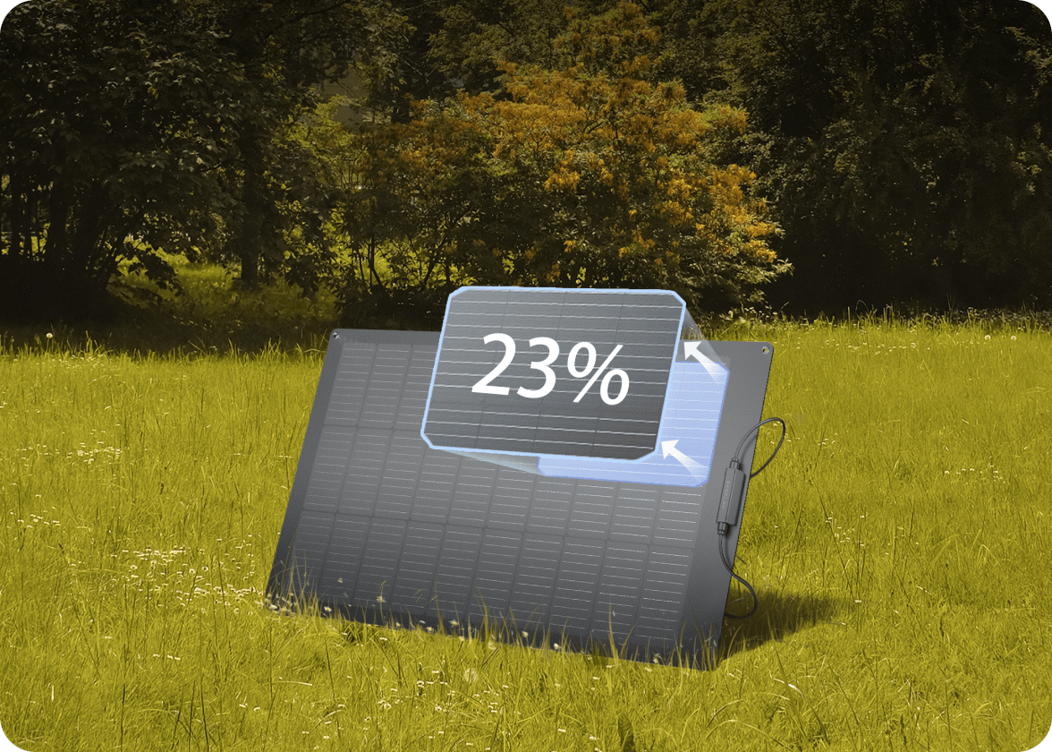 An EcoFlow solar panel boasting an industry-leading 23% efficiency is set up in a meadow under abundant direct sunlight.