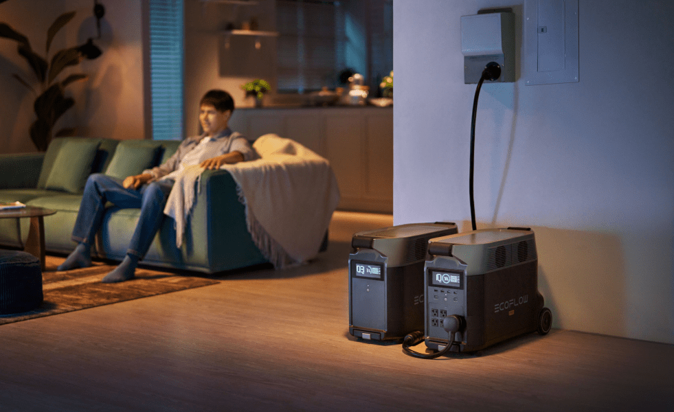 Two DELTA Pro batteries connected to a transfer switch inside a living area, while a man sits to the left.