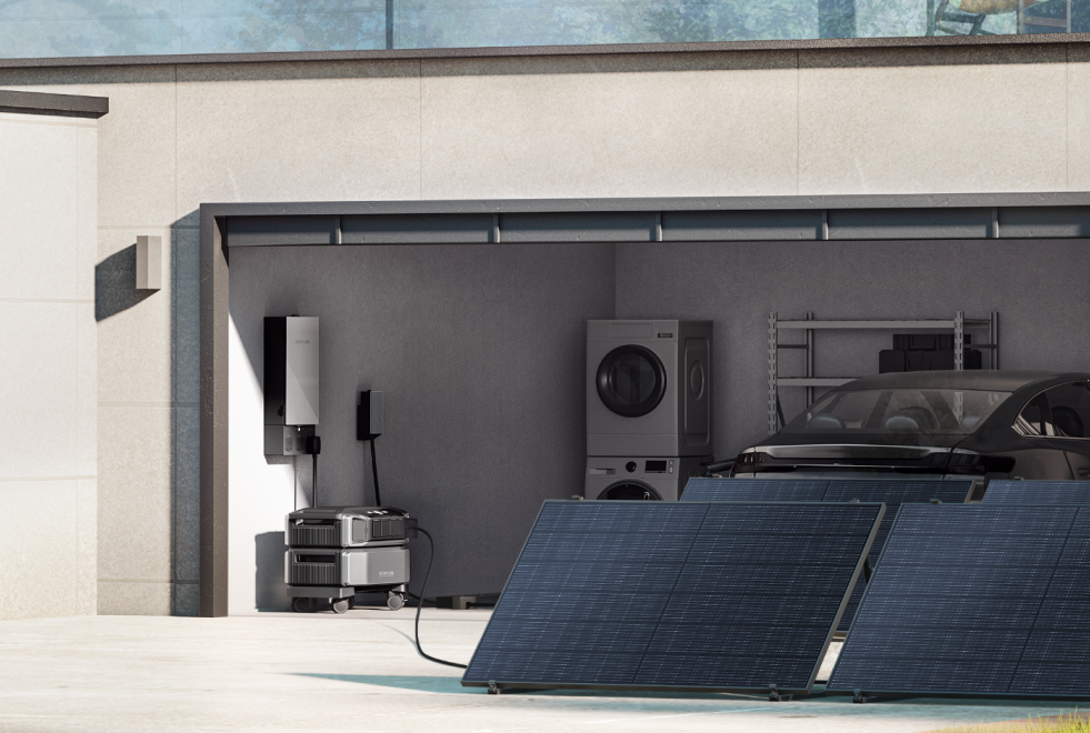 Four mounted solar panels absorb sunlight and transfer energy to an EcoFlow DELTA Pro Ultra house generator inside a garage.