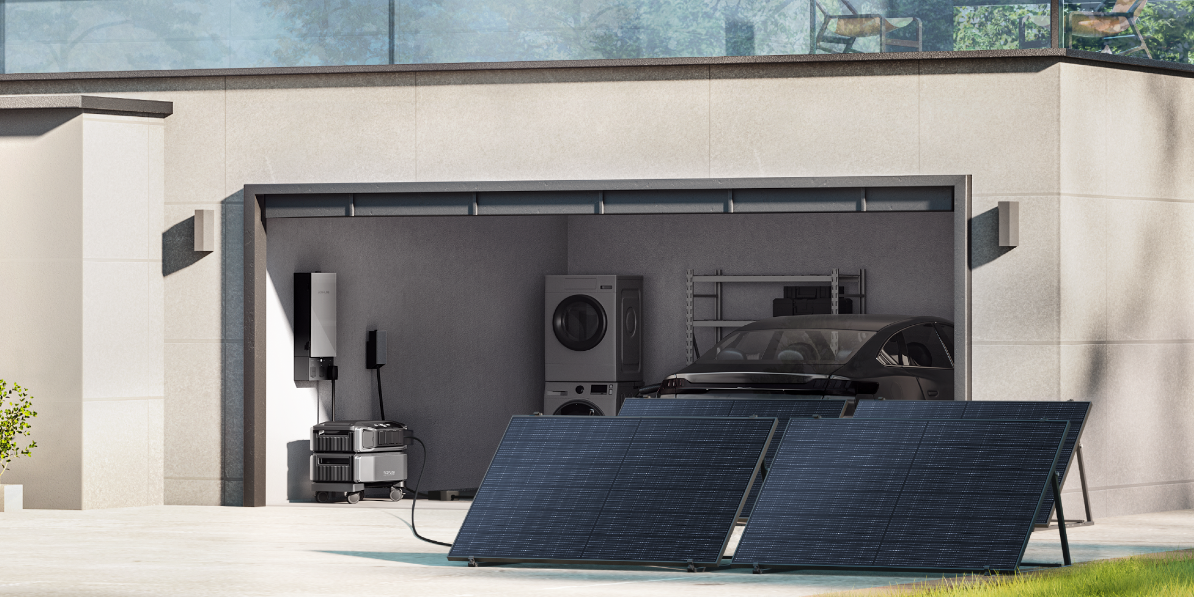 Four mounted solar panels absorb sunlight and transfer energy to an EcoFlow DELTA Pro Ultra house generator inside a garage.