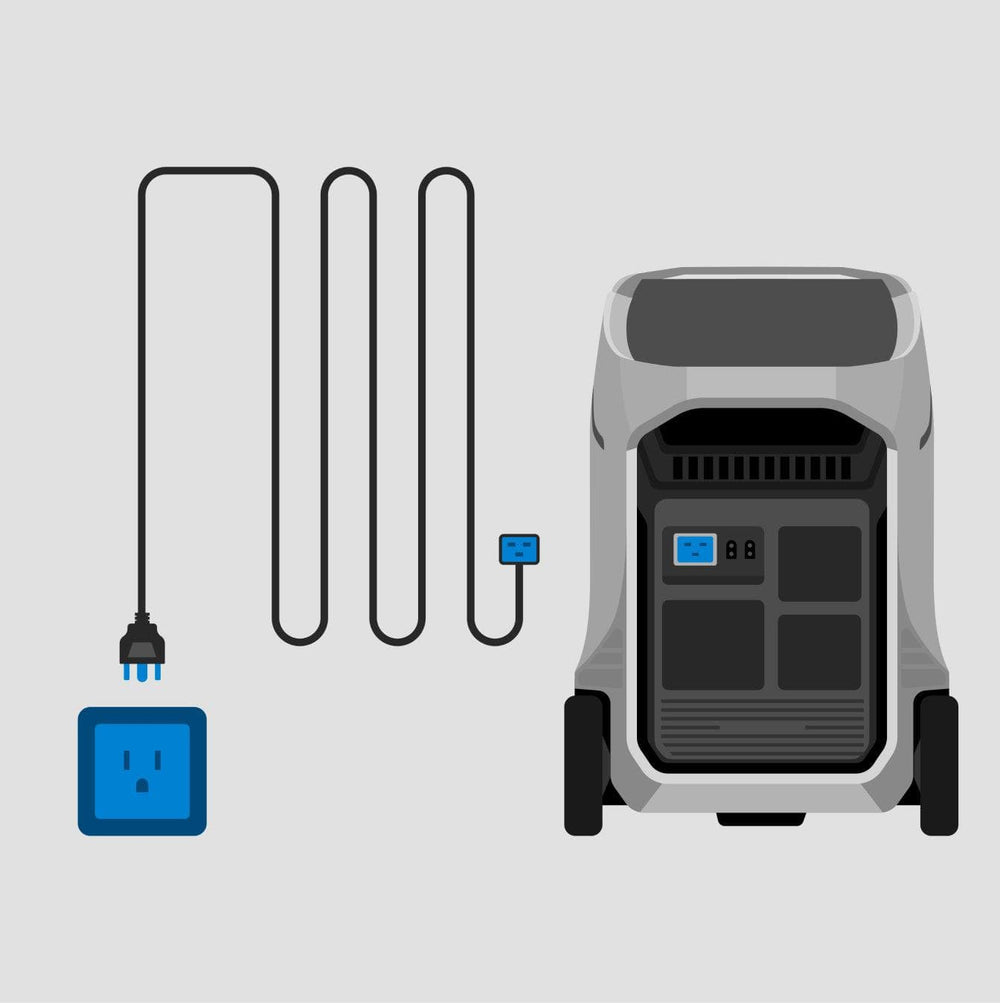 Illustration of the Ecoflow Delta Pro 3 Portable Solar Power Station 4,000W 4,096Wh on wheels with a long black cord plugged into a blue outlet on the left, emphasizing its expandable capacity against a light gray background.