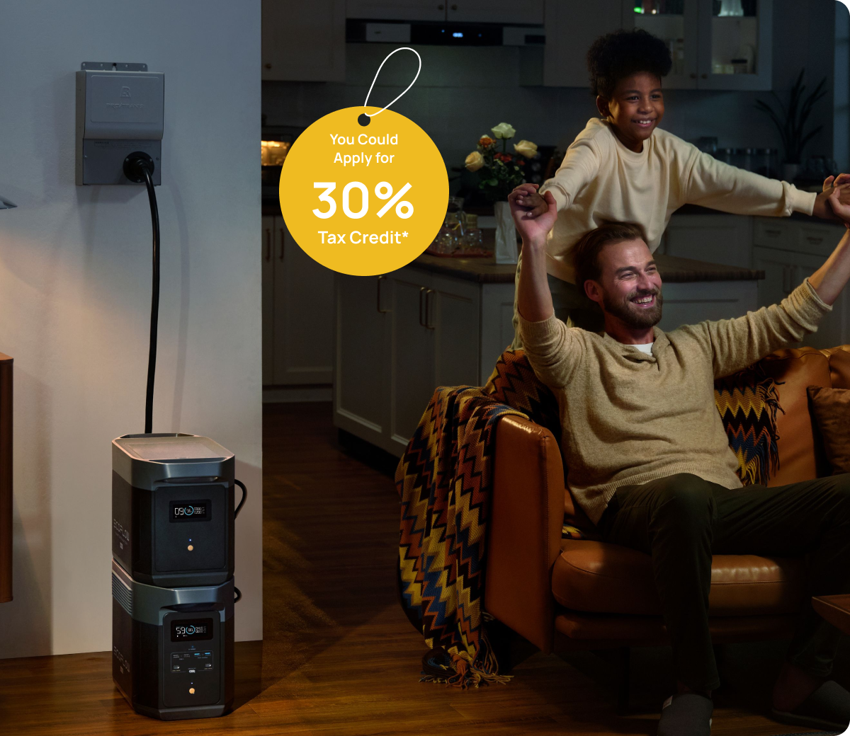 Man and child express happiness, while DELTA 2 Max powers their home via a transfer switch.