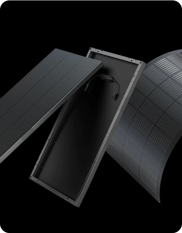 Two EcoFlow Rigid Solar Panels and one EcoFlow Flexible Solar Panel curved to an angle.