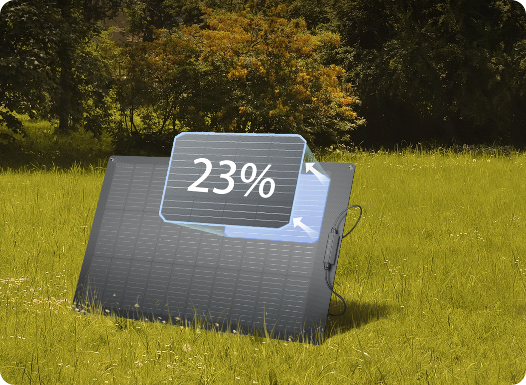 An EcoFlow solar panel boasting an industry-leading 23% efficiency is set up in a meadow under abundant direct sunlight.