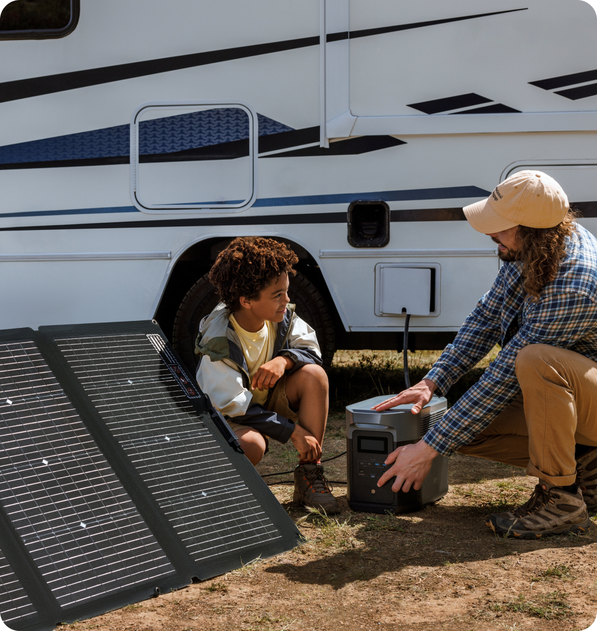 A father and son connect a DELTA Pro to a self-supporting EcoFlow solar panel and to their RV.