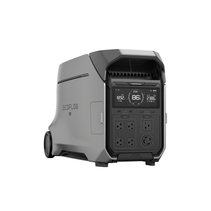 EcoFlow DELTA PRO 3 portable power station, angled front view showing the colour status display with input and output readouts, two USB-C and two USB-A ports, a block of four 20 A AC outlets, a T-slot outlet and a round twist-lock outlet, with one rear wheel and the vented top handle visible.