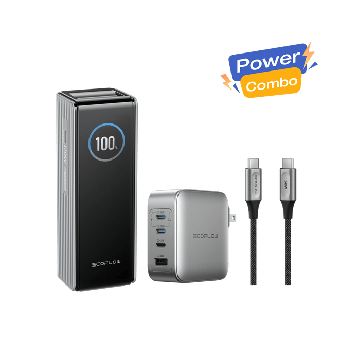 EcoFlow Rapid combo Silver / RAPID Pro Charger (140W | 4 Ports | GaN) / RAPID Pro USB-C to USB-C (240W | Nylon | 6ft) EcoFlow RAPID Power Bank (25,000mAh, 170W) + 140W Charger + 240W Cable