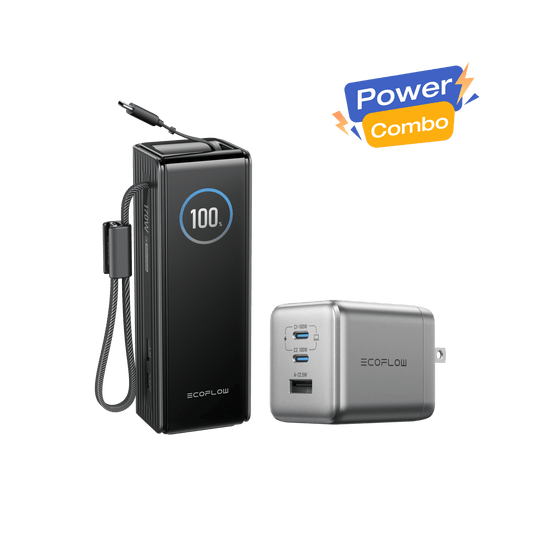 EcoFlow Rapid combo Black / RAPID Pro Charger (100W | 3 Ports | GaN) EcoFlow RAPID Power Bank (25K, 170W, 100W Built-In and Retractable Cables) + 100W Charger