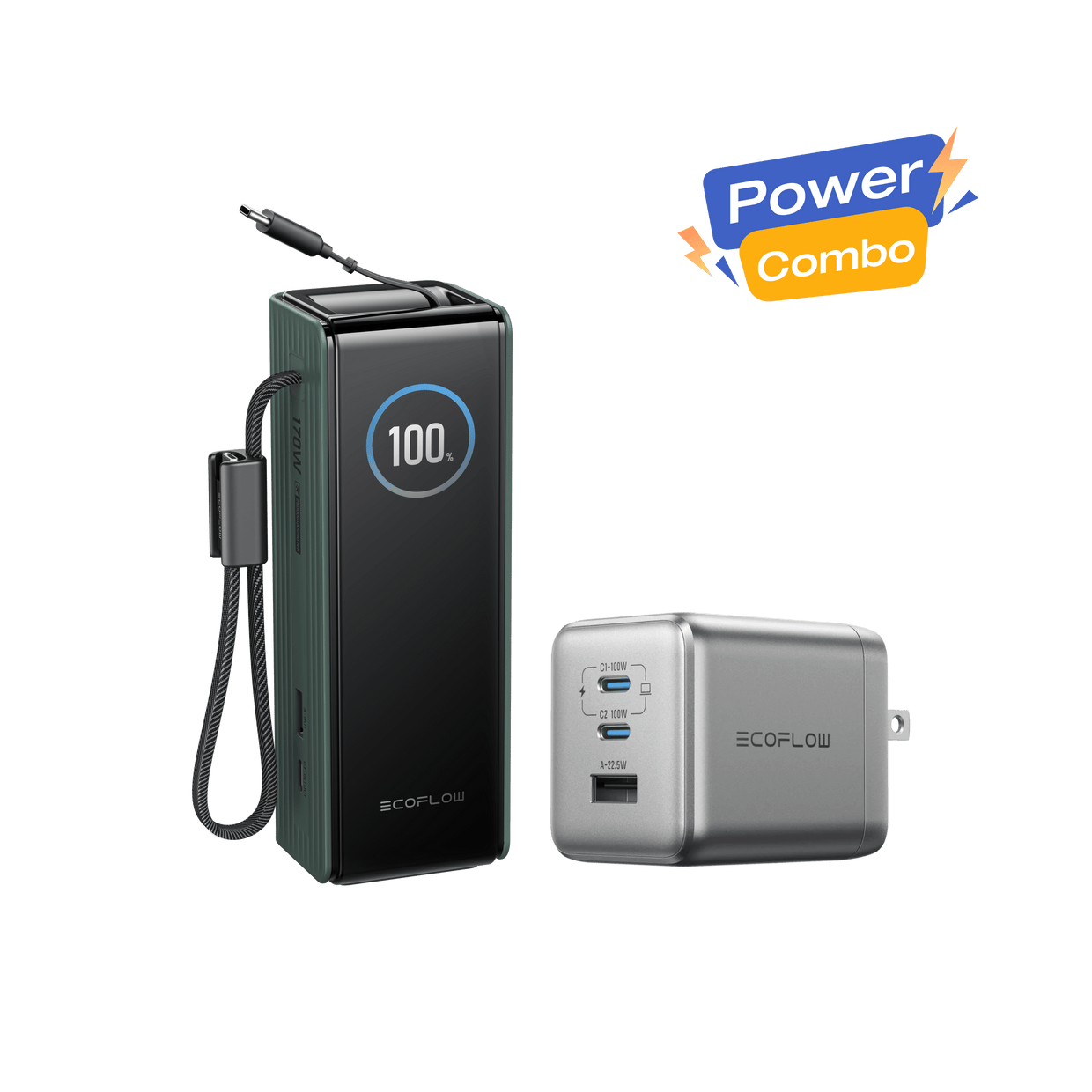 EcoFlow Rapid combo Green / RAPID Pro Charger (100W | 3 Ports | GaN) EcoFlow RAPID Power Bank (25K, 170W, 100W Built-In and Retractable Cables) + 100W Charger