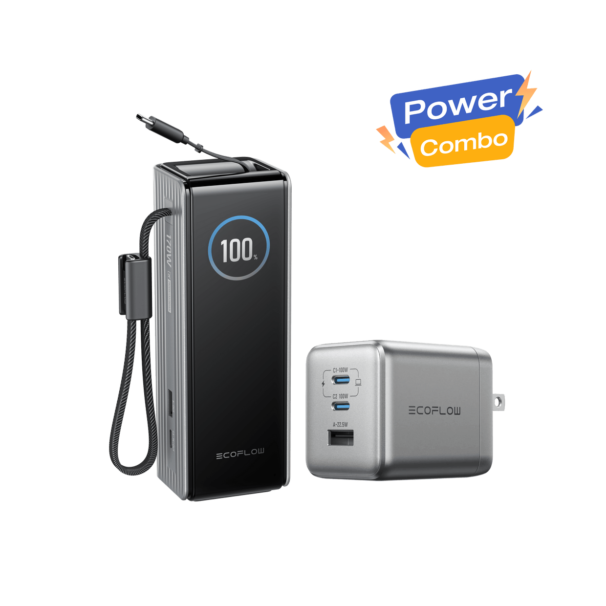 EcoFlow Rapid combo Silver / RAPID Pro Charger (100W | 3 Ports | GaN) EcoFlow RAPID Power Bank (25K, 170W, 100W Built-In and Retractable Cables) + 100W Charger