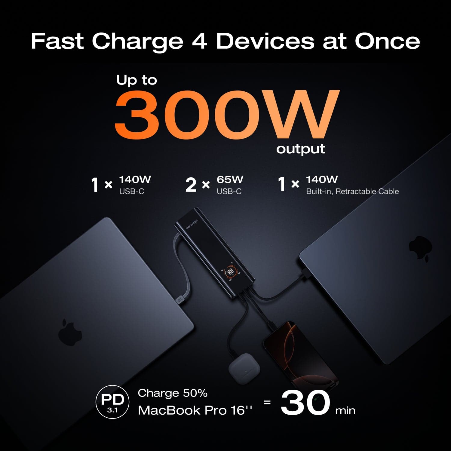 EcoFlow RAPID Pro Power Bank (27,650mAh, 300W, 140W Built-in Cable)