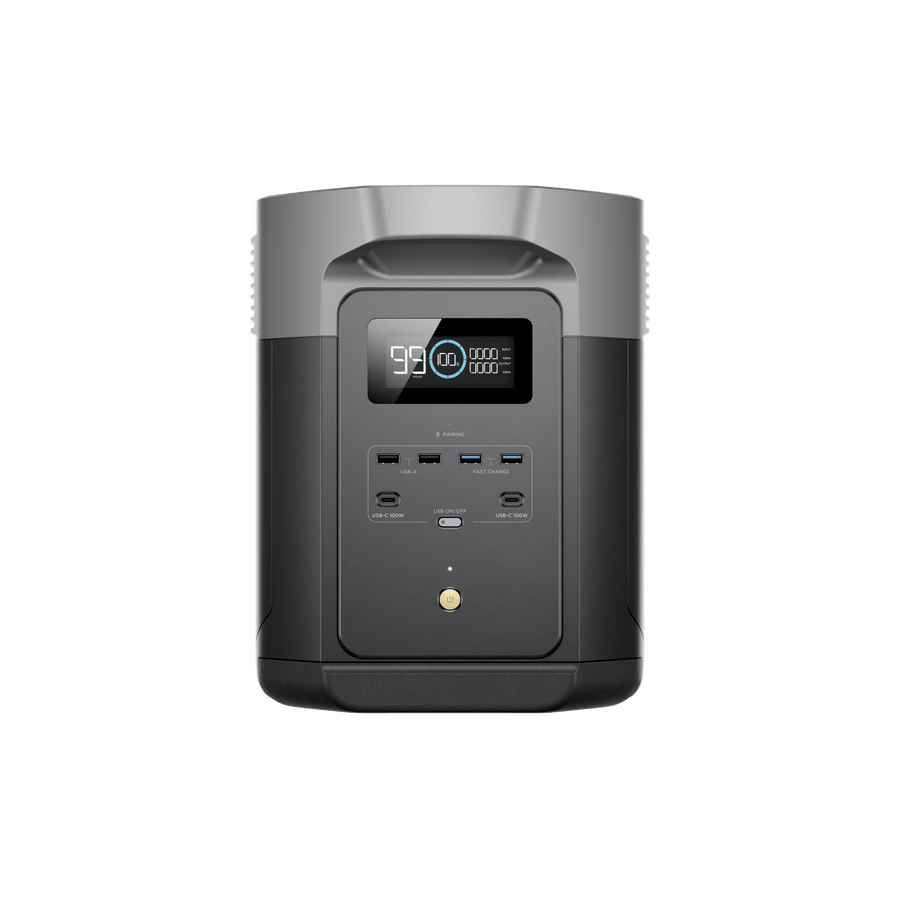 EcoFlow DELTA 2 Max portable power station, front view showing the LCD status display, two USB-A ports, two fast-charge USB-A ports, two USB-C 100 W ports and the power button, with the moulded grey side handles visible. No AC outlets appear on this face.