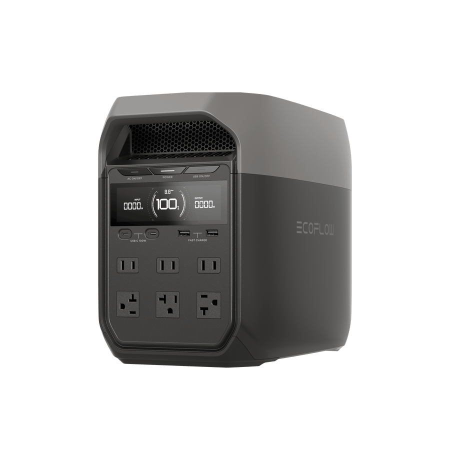 EcoFlow DELTA 3 portable power station, angled front view showing the LCD status display, two USB-C 100 W ports, two fast-charge USB-A ports, six AC outlets in two rows, and the honeycomb-vented recessed carry handle on top.