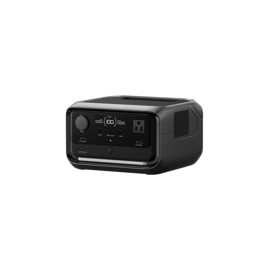 EcoFlow RIVER 3 Plus portable power station, angled front view showing the round DC output, the LCD status display, two USB-A ports and a USB-C 100 W port, one AC outlet on this face, the DC, AC and light on/off buttons, and the side ventilation grille.